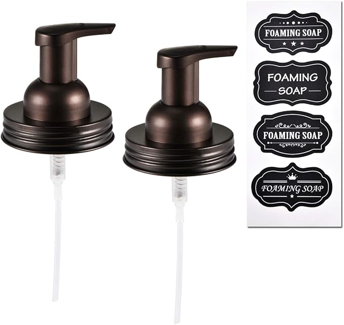SheeChung 2 Pack Mason Jar Foaming Soap Dispenser Lids for Standard Mouth, Foaming Soap Dispenser Pump Replacement for Hand Sanitizer, Bath Liquid, Facial Cleansing Foam, Makeup Remover Water - Bronze