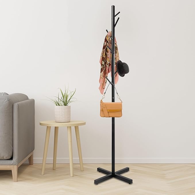 Freestanding Coat Rack Metal Coat Tree Stand with 7 Hooks for Hanging Coats Hats Scarves Handbags in Entryway Hallway Bedroom Office (Black)