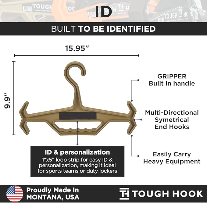 Original Tough Hook ID Heavy Duty Identification Hangers – The Superhero of Hangers USA Made,Anti-Slip Tactical Hanger for Police Gear,Scuba Gear, Dive BCD & Wetsuits 200-lb Cap with ID Strip 1 Tan