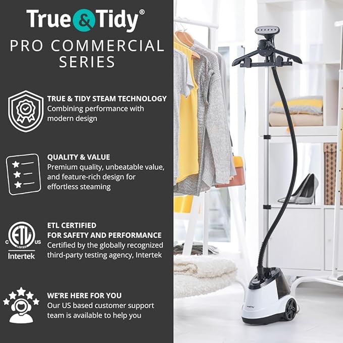 True & Tidy Heavy Duty Commercial Full Size Standing Garment Steamer for Clothes with Extra Large 3L (101 oz) Water Tank for 90+ mins of Steam Time, 1800 watts of Powerful Steam, 3 Settings, White
