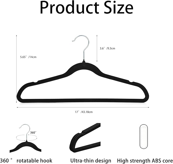 Velvet Hangers 50 Pack, Non Slip Clothes Hanger Felt Hanger with Pants Bar, Premium Quality Slim Space Saving Suit Hangers for Closet Organizer, Heavy Duty Coat Hanger, 360° Rotating Hook(Black)