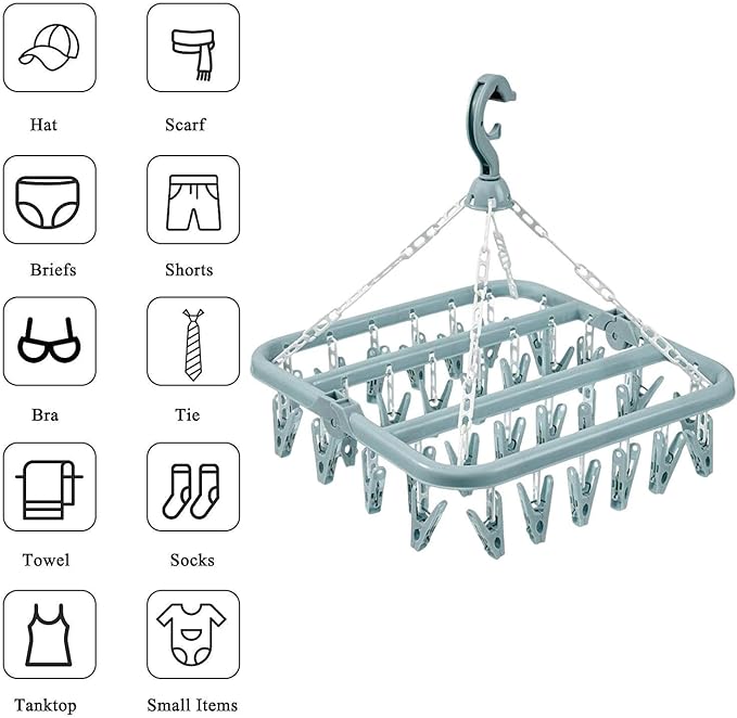 Foldable Clothes Drying Hanger with 32 Clips, Clip and Drip Hangers Clothes Drying Rack, Underwear Hangers for Drying, Laundry Clothes Hanger for Drying Socks Lingerie Baby Clothes Towels Bras Hat