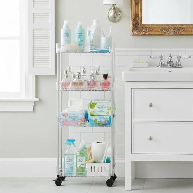 4 Tier Slim Storage Cart with Wheels Slim Rolling Utility Cart Mobile Shelving Units Organizer for Narrow Space in Home Kitchen Bathroom Laundry Room Transparent (Width 6.3 Inches)