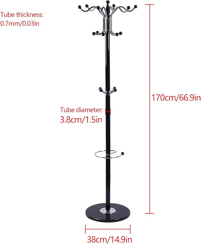 DouSeiAi Metal Coat Rack Stand, Morden Coat Tree with Marble Base and 16 Hooks, Free Standing Hall Tree for Hanging Coats, Hats, Bags, Umbrellas, 67" Tall, Black