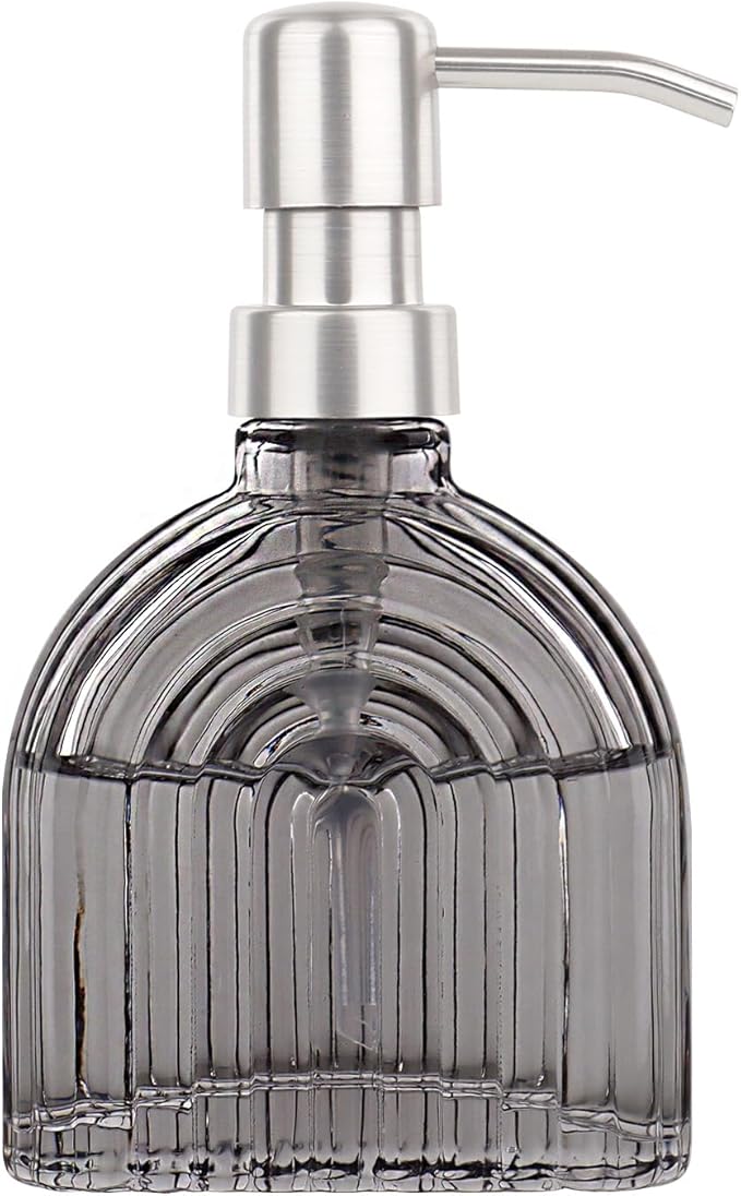 Glass Soap Dispenser for Kitchen and Bathroom Contertop Wash Hand Liquid, Dish Detergent, Farmhouse Style Shampoo Lotion Pump (1, Grey Glass with Silver)