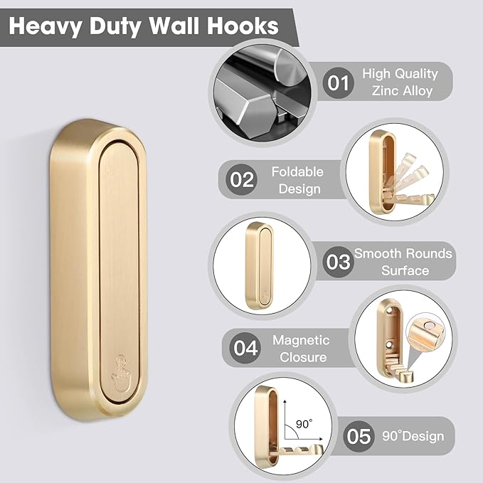Folding Wall Hooks, 4 Pcs Foldable Gold Coat Hooks Heavy Duty Foldable Hook Bathroom Towel Hooks Robe Hooks Wall Mounted for Hanging Coat Towels Clothes Hat Bags Keys