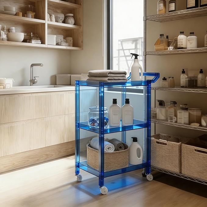 Acrylic-Style Utility Rolling Cart, 3-Tier Clear Storage Cart with Pulling Handle & 4 Wheels for Kitchen Living Room Dining Bathroom Laundry, Multifunction Serving Trolley for Small Spaces (Blue)