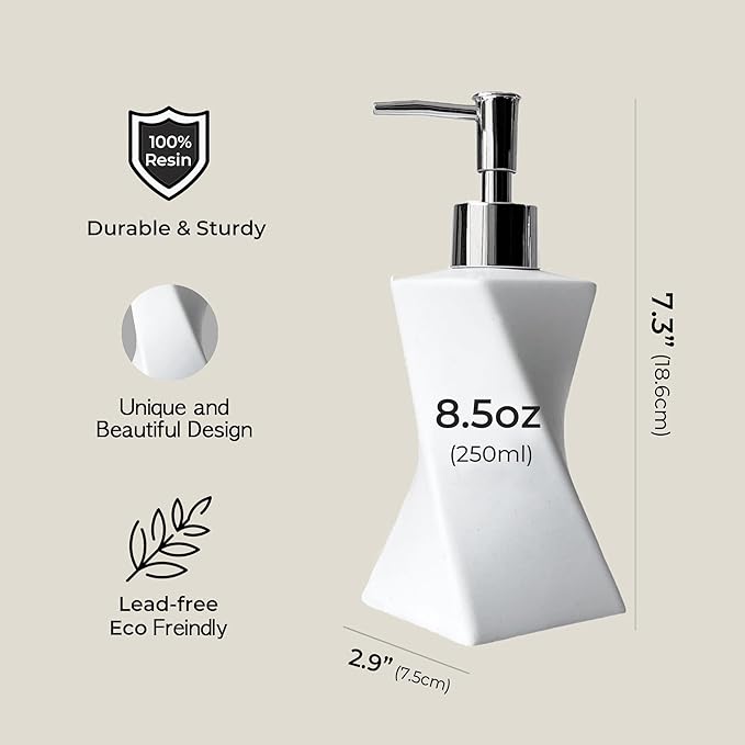 Modern White Hand Soap Dispenser with Silver Pump for Bathroom Countertop, Dish Soap Dispenser for Kitchen Sink, Contemporary Art Style, Matte Finish, 8.5oz (Arctic White)