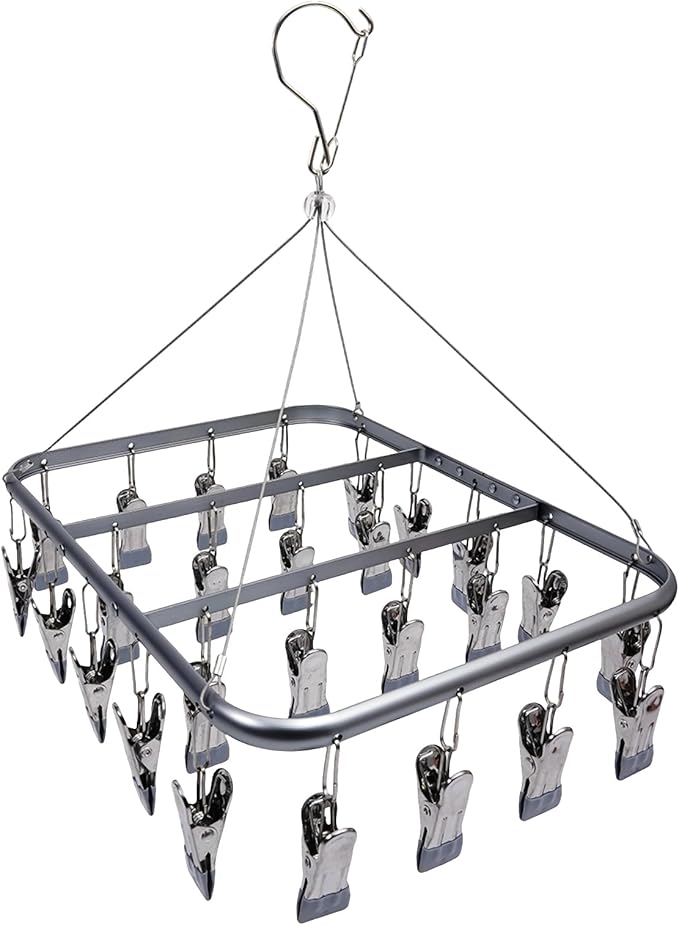Aluminum Alloy Clothes Drying Hanger with 26 Clips, for Drying Socks, Baby Clothes, Bras, Towel, Underwear, Hat, Scarf,Gloves and Small Items，Matte Grey
