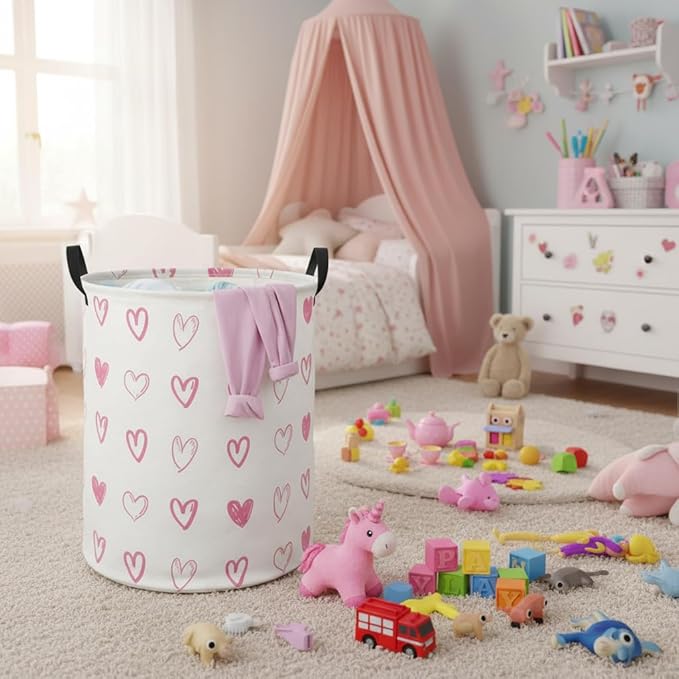 Baby Laundry Hamper kids laundry Basket Waterproof Laundry Bag for Bedroom Toy Clothes Organizer Room Décor(Pink Heart)