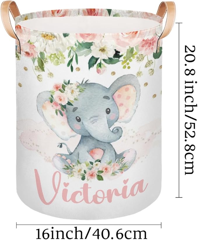 Personalized Laundry Basket, Custom Gift Laundry Hamper, Collapsible Nursery Waterproof Laundry Baskets, Dirty Clothes Toy Hamper with Handles Blush Floral Elephant Girl