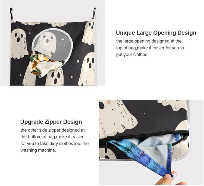 Cute Halloween Ghost Black Hanging Laundry Hamper Door Hampers Bag Basket with Stainless Steel Hooks Oxford Fabric Printing Decorative Clothes Bags 29.5X20inch 1Pack