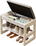 AQIMUELE Small Shoe Rack Bench,2 Tiers Shoe Bench with Storage with Flip-Top,Wood Shoe Rack for Entryway,Hallway（White Upholstered Seat）