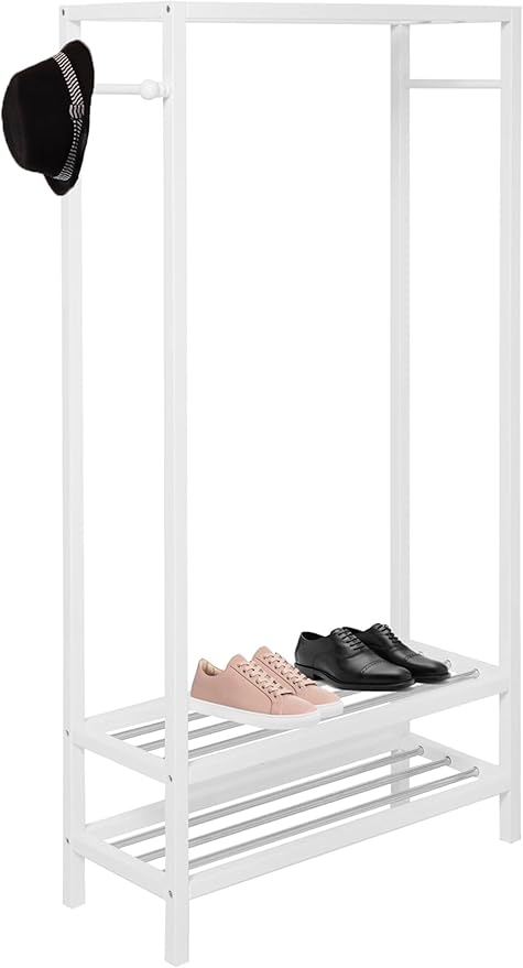 Legacy Decor 2 Tier Shelves Shoe Garment Coat Rack Hanger 65”H X 31.5”W X 13" D Wooden White Finish