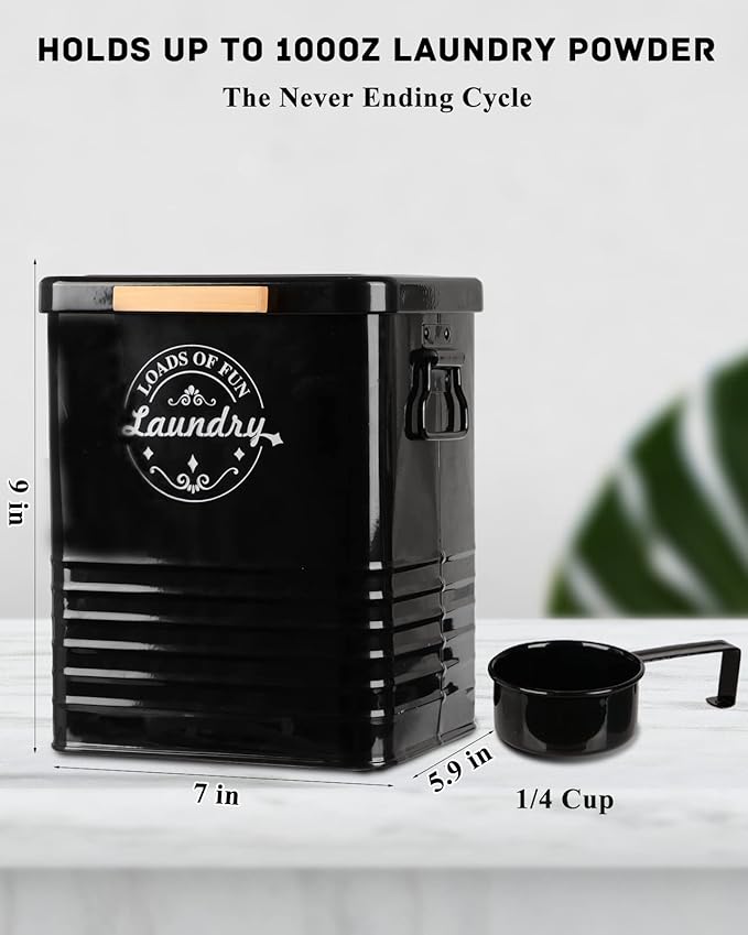 Laundry Detergent Powder Container Dispenser Holder for Laundry Room Organization. Metal Laundry Soap Dispenser with Scoop and Lid. Modern Farmhouse Laundry Room Decor and Accessories (Black)