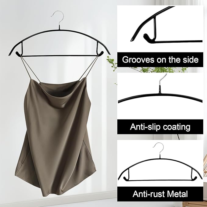 20 Pack Clothes Hangers, Non Slip PVC Coating Metal Hanger, 17 Inch No Shoulder Bump Sweater Hangers, Heavy Duty Rubber Coated Clothes Hanger for Closet Coat Suit T Shirt, Black
