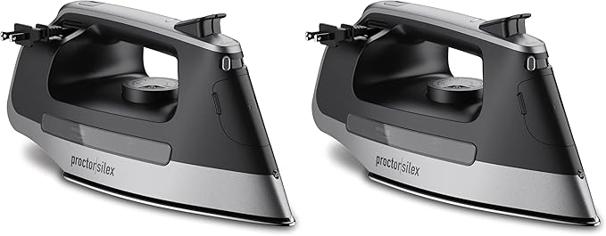 Proctor Silex Steam Iron for Clothes with Durable Stainless Steel Soleplate, 1500 Watts, 8’ Retractable Cord, 3-Way Auto Shutoff, Anti-Drip, Gray and Black (14250) (Pack of 2)
