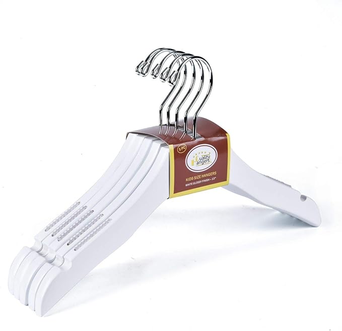 Quality White Wooden Kids Hanger Luxury Design Chrome Swivel Hook (10, 13" inch)