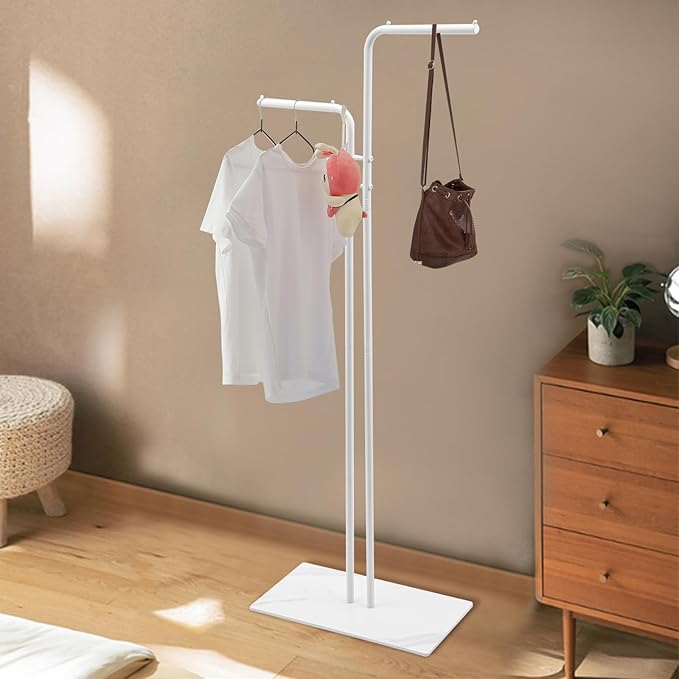 67in-White Clothing Rack with Base, Double Rod Freestanding Coat Rack Hanging Clothes, Bags, Hat and Shoes for Entryway Bedroom Garment Organizer, Clothing Stores Boutique Retail, Studio