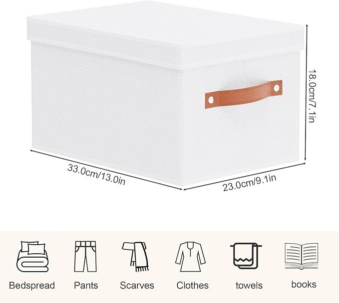 Storage Boxes with Lids, 7.1 x 9.1 x 13 Inch Storage Baskets, Closet Organizers for Shelves Organizing with Handles, White, 5-Pack