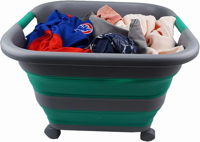 SAMMART Collapsible Plastic Laundry Basket with Wheels 39L (10.3 Gallons) -Foldable Pop Up Storage Container for Laundry, Camping & Home (1, Dark Grey/Bluish-Green)