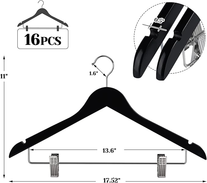 HOUSM Wooden Suit & Skirt Hangers with Heavy-Duty Clips, Premium Solid Wood Pants Hangers, Smooth Finish - Black, 16Pack for Coats, Jeans, Blouses
