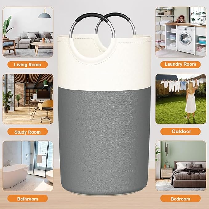 2 Pack 90L Laundry Hamper Large Collapsible Laundry Baskets, Tall Foldable Sturdy Dirty Clothes Hamper with Aluminum Soft Handles for Laundry Room College Dorm Bathroom Bedroom(Grey)
