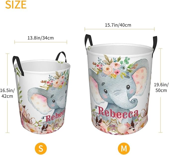Watercolor Elephant Flower Personalized Laundry Hamper Custom with Name Collapsible Waterproof Storage Basket with Handles for Bedroom Clothes Toys.