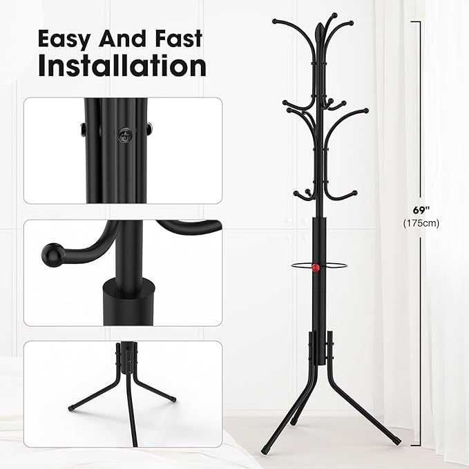 Coat Rack Freestanding,12 Hooks Metal Coat Racks with Umbrella Holder,Sturdy Hall Rree,Easy Assembly Coat Rack Stand for Hanging Scarf,Purse,Hats,Jacket(Black)