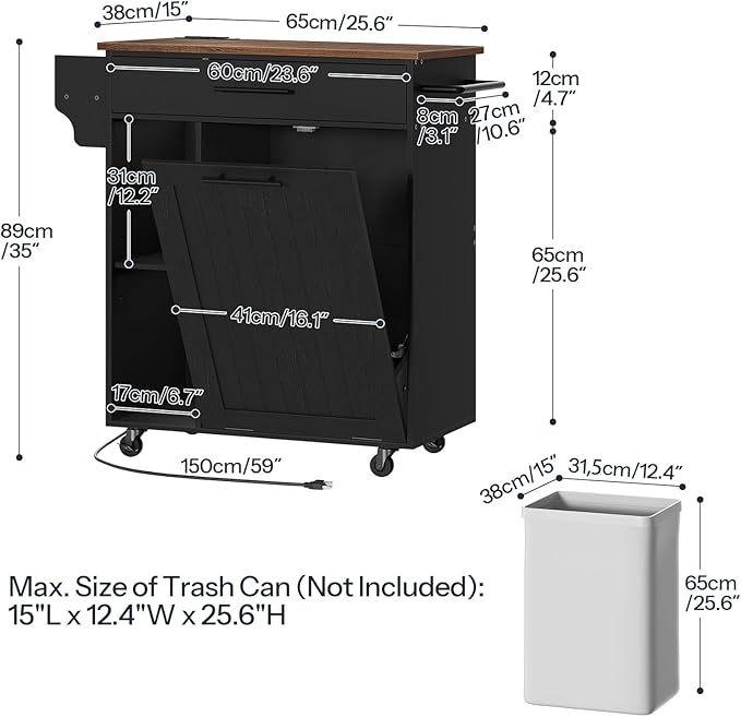 HOOBRO Kitchen Island with Trash Can Storage, Rolling Kitchen Island on Wheels, Mobile Island Cart with Power Outlet, Islands Table for 10 Gallon Garbage Bin, Rustic Brown and Black BF80UZD01G1