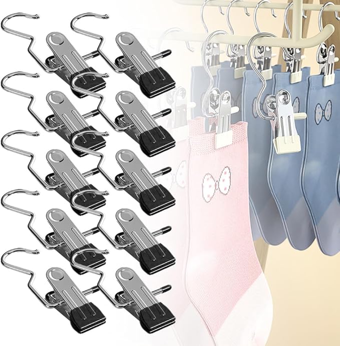 2024 New Space-Saving Clothes and Hat Storage Hook, Boot Hangers for Closet, Heavy Duty Laundry Hanging Hooks with Clips, Portable Single Hangers S-Shaped Stainless Steel Clothespin (Black, 10 PCS)