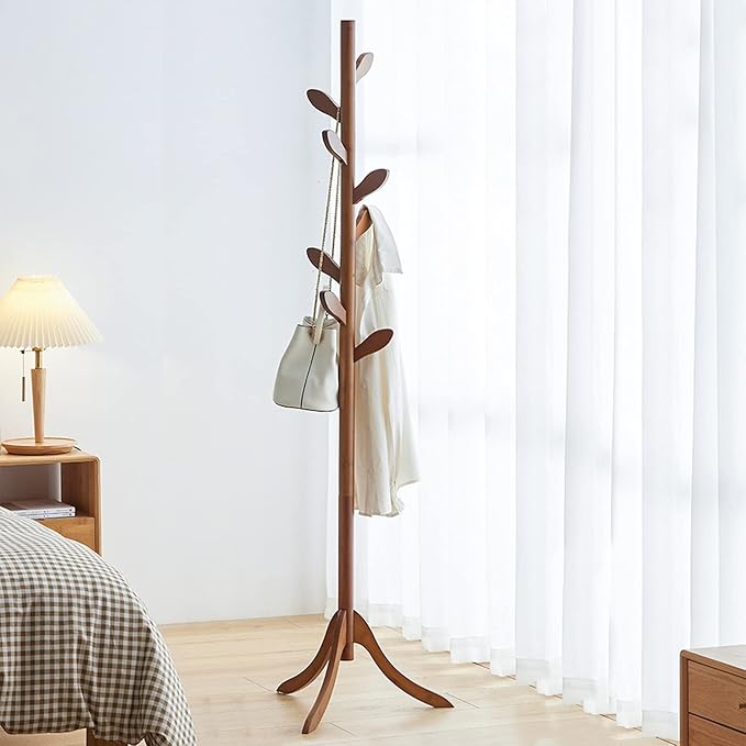 Wood Coat Rack Freestanding Coat Tree Rack with 8 Leaf Hooks, 3-Size Height Adjustable for Adults and Younger, Clothes Hanger Stand for Jacket, Hat, Entryway, Hallway, Corner, Bedroom (Vintage Brown)