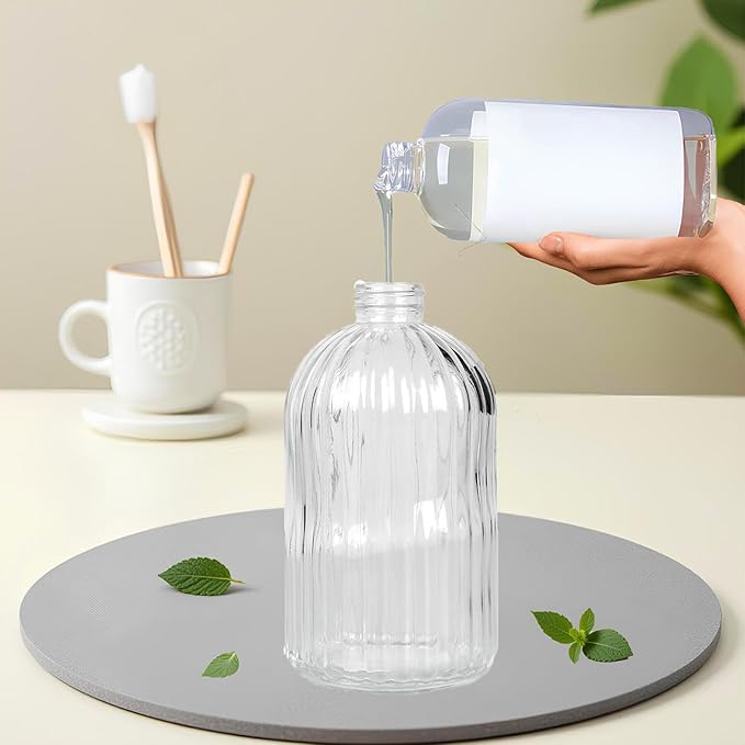 Clear Glass Soap Dispenser with Pump, 13.5oz Glass Striped Hand Soap Dispenser, Refillable Hand Liquid Dispenser Set for Modern Home Decor, Bathroom, Kitchen Countertop, Dish Soap, Lotion (2 Pack)