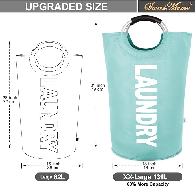 Large Laundry Basket Collapsible，Freestanding Clothes Hamper Bag with Handles – Tall Folding Dirty Laundry Bin，Sturdy Laundry Sorter for College Dorm，Laundry Room – 130L (Light Blue)