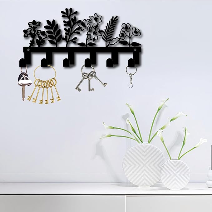 CREATCABIN Flower Key Holder Wall Mount Metal Key Hanger Decorative with 6 Hooks Iron Black Coat Hanger Rack Organizer for Entryway Front Door Bedroom Cabinet Towel Backpack Hanging 10.6 x 5.1 Inch