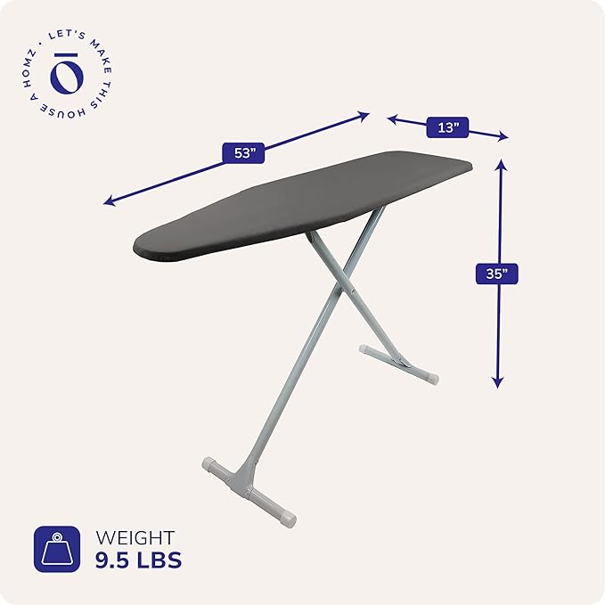 Homz T-Leg Clothes Ironing Board, Portable Compact Foldable Standard Size Adjustable Height with Foam Pad & Cotton Cover, Charcoal Gray