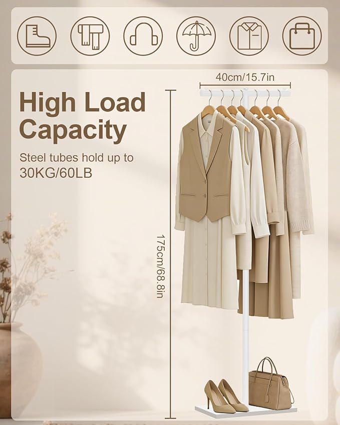 T-shaped Coat Rack Freestanding, Modern Clothes Rack with Rock Slab Base, Heavy-duty Metal Coat Tree for Boutiques, Hallway, Entryway, 68.9 Inches High, White, GYJ001W