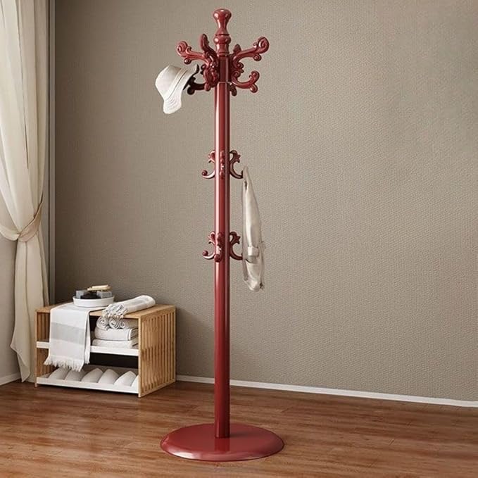 CraftThink Pine Coat Rack, Free Standing Tree Hanger Coat Tree for Clothes, Hats, Bags, Purses, with Double Prong Hooks, for Entryway, Hallway, Bedroom (Round Base 16" L x 16" W x 67" H, Red