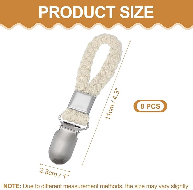 uxcell 8 Pcs Tea Towel Clips with Cotton Loop for Hanging, 4.3 Inch Metal Towel Hooks Multipurpose Cloth Hangers for Home Kitchen Bathroom, Beige
