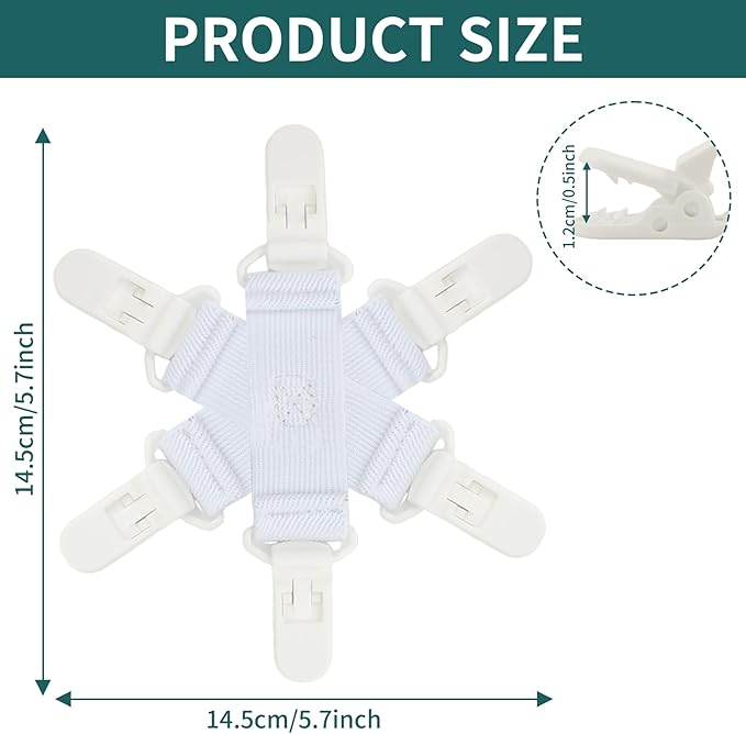 Bed Sheet Detangler with 6-Clip, WAD Preventer Stop Bed Sheets/Duvet Covers/Blankets from Tangling, Twisting & Balling up in Dryer Washer and Dryer, 4 pcs(White)