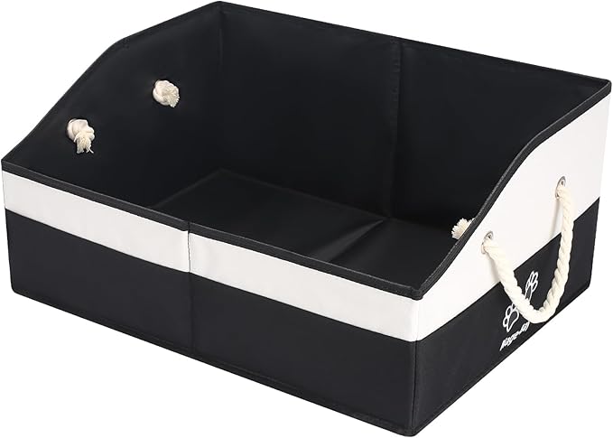Large Dog Toy Basket With Handle, Foldable Dog Toy Box for Living Room Area, 20" Basket for Dogs Toys, Clothes, Organizers and Storage with Hard Board, Anti-slip for Pet Toys (Black, Medium)