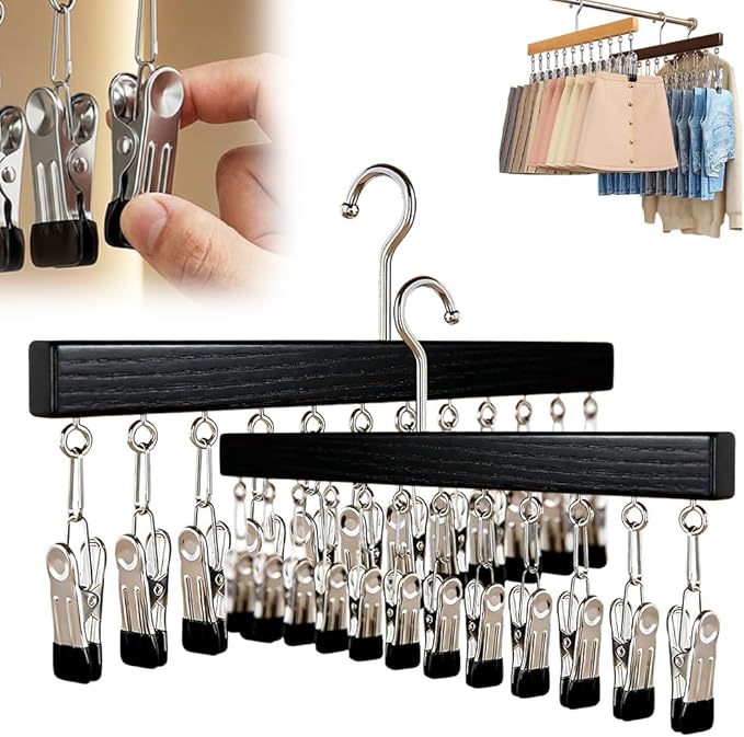 Closet Organizer with 12 Clips, Legging Organizer for Closet, Leggings, Jeans, Hats, Shorts, Socks, 360° Rotating Space Saving Hanging Clothes (Black 12 Clips, 2Pcs)
