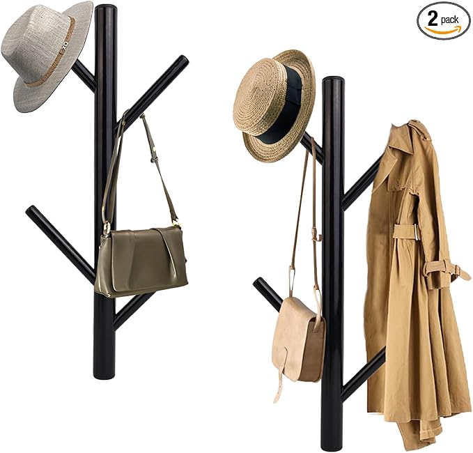 2-Pack Metal Vertical Coat Rack Wall Mounted,Modern Coat and Hat Rack,15.9 Inch Tree Coat Racks for Hats, Jackets, Bags, Clothes, Hats Entryway Bedroom,Living Room（Black）