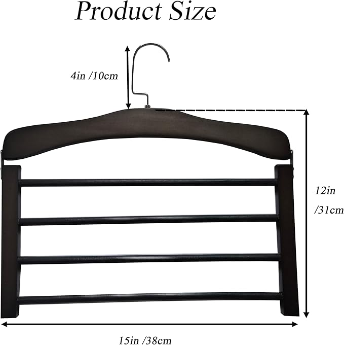Wooden Pant Hanger Space Saving - 4 Tier Closet Storage Hanger Organizer for Jeans Legging Scarves Pants Towels, 5 Packs, Black