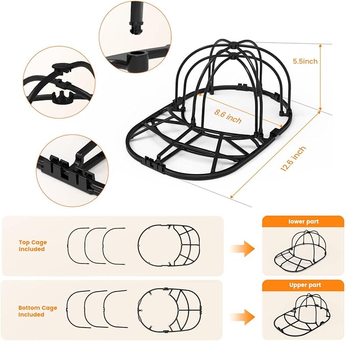 XQXA Hat Washer Cage 2-Pack - Baseball Cap Washing Machine & Dishwasher Safe Cleaner, Hat Cage for Washing Machine, Fits Adult/Kids Caps (Black)