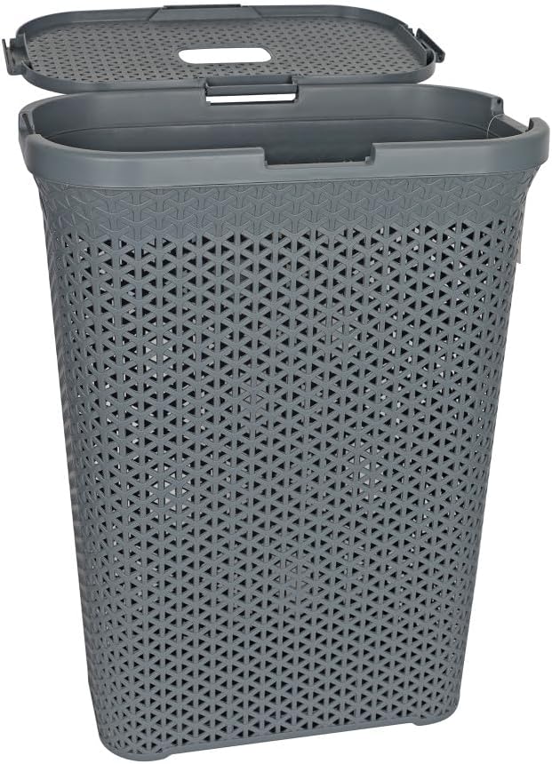 YBM Home Plastic Rattan Laundry Hamper Basket with Hinged Lid, Ventilation Holes, Durable, Lightweight Bin With Cutout Handles, Storage Dirty Clothes, Space Saver, 10.5" x 17.5" x 23.75", Grey