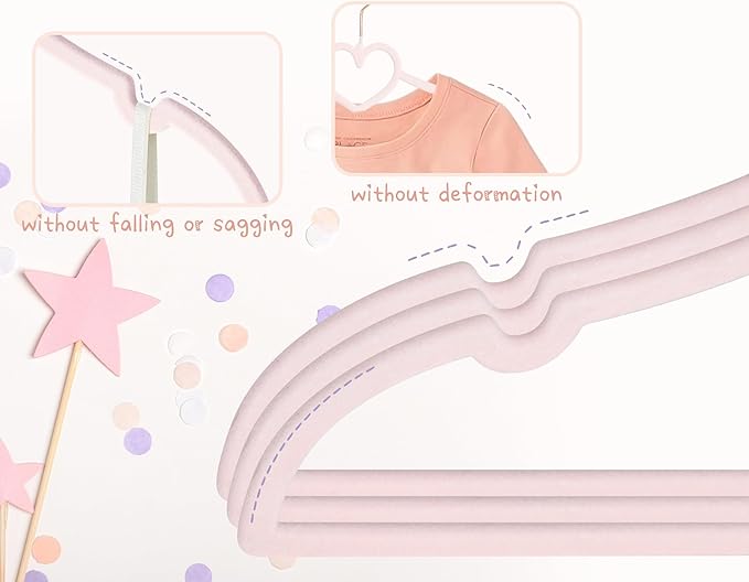 OneDream Pink Velvet Baby Hangers - 30 Pack 11inch Heart Toddler Hangers with 10pcs Clips, Non-Slip Strong and Durable Baby Clothes Hangers Without Slipping, Ultra Slim and Stackable Space Saving