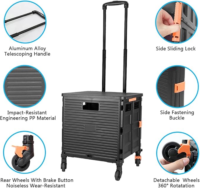 FELICON SELORSS Foldable Utility Cart Folding Portable Rolling Crate Handcart with Heavy Duty Telescoping Handle Collapsible 4 Rotate Wheels for Travel Shopping Move Luggage Office Use(Black+Black)