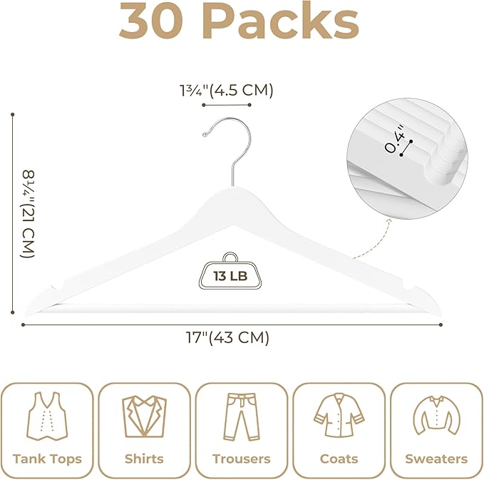 GRANNY SAYS Clothes Hangers for Closet, 30 Pack Wood Hanger, Heavy Duty Wooden Hangers for Coats, Suits, Pants, White