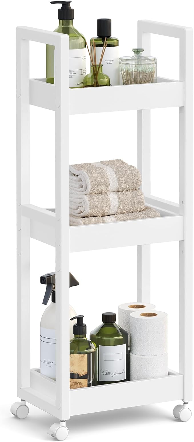 SONGMICS Bamboo Rolling Cart, 3-Tier Utility Cart on Wheels, Slim Narrow Storage Shelf, Bamboo Shelves, Space-Saving, Multifunctional, for Bathroom, Kitchen, White UBCB083W01